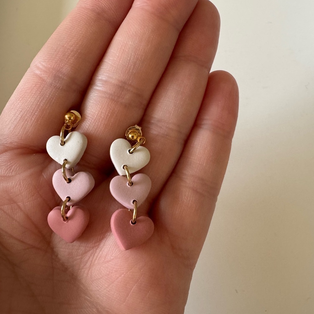 New Pink and White Clay Heart Drop Earrings